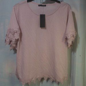 Women’s Mauve Pinkish, Short Sleeve Blouse, XLarge Storybuk Lace New With Tag
